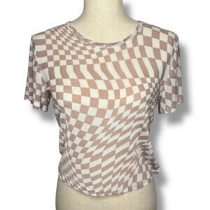 Social Scene Mesh Checkered Short Sleeve Shirt In Light Brown Juniors Size XL